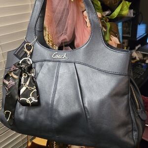 Coach Dark Blue Metallic Shoulder Bag with Scarf Accent